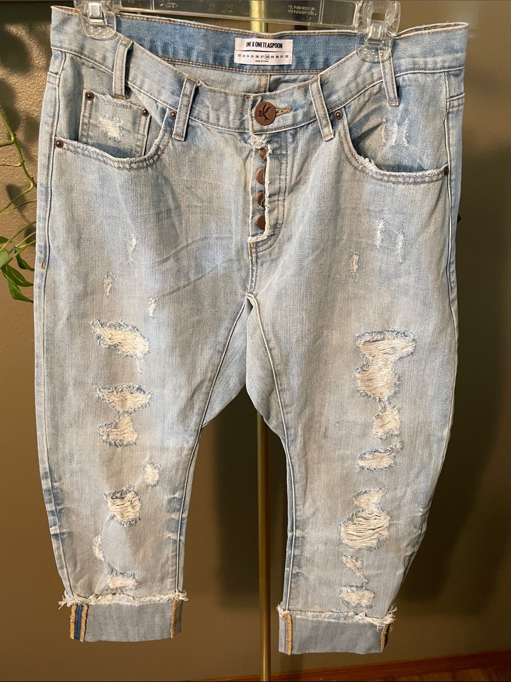 NWT One Teaspoon Blue Distressed Boyfriend low waist bagged leg denim